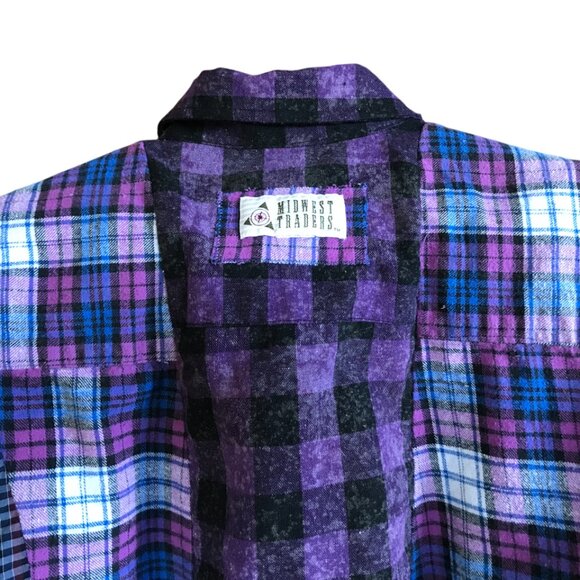 Mixed Print Button-Down Shirt, M: Upcycled Artsy Color Block Purple Black Top - Picture 5 of 12